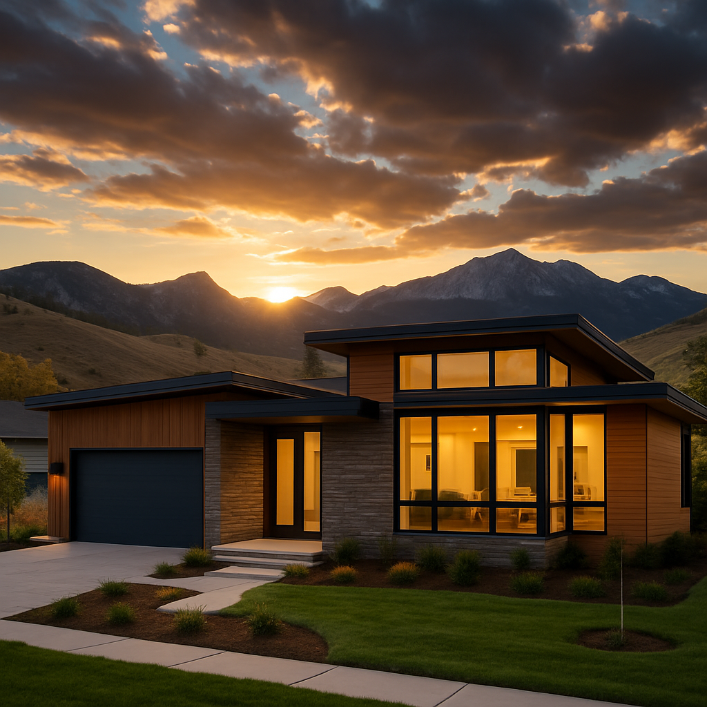Modern Colorado singlefamily home at golden hour foothills and Front Range mountains in the background house softly lit from interior clean contemporary architecture wood  stone  glass landscaped yard long shadows dramatic sky with warm sun rimlight